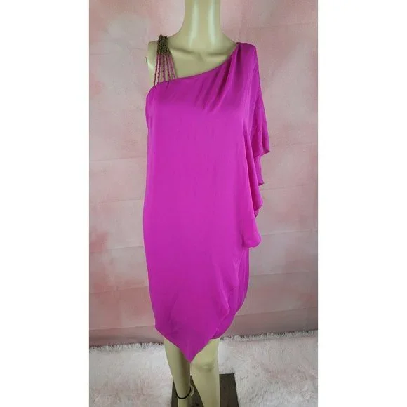open lace back dress c.1978 Halston One Shoulder Draped Pink Nylon Jersey Full Length Maxi   Shrimpton Couture
